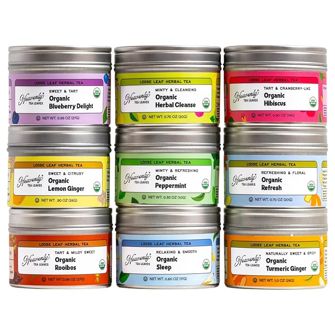 Heavenly Tea Leaves Organic Herbal Tea Sampler (Approx. 90 Cups of Loose Leaf Tea), 9 Naturally Caffeine-Free Tisanes - Great Hot or Iced, Variety Pack, Assorted Gift Set, Health & Immune Support