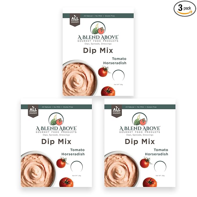 A Blend Above Tomato Horseradish Dip Mix, 3 Packs, 1 oz. Each, Makes 16 Ounces, Gluten-Free, No MSG, All Natural, No Preservatives, Vegan Friendly, Keto Friendly, Low Carb, Easy to Make