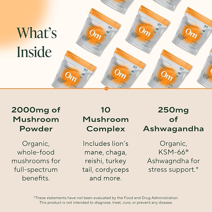 Om Master Blend Mushroom Powder ??Organic Mushroom Supplement with 10 Mushrooms and Ashwagandha - Support Immunity, Gut Health & Stress Relief, 6.34 oz (80 Servings)