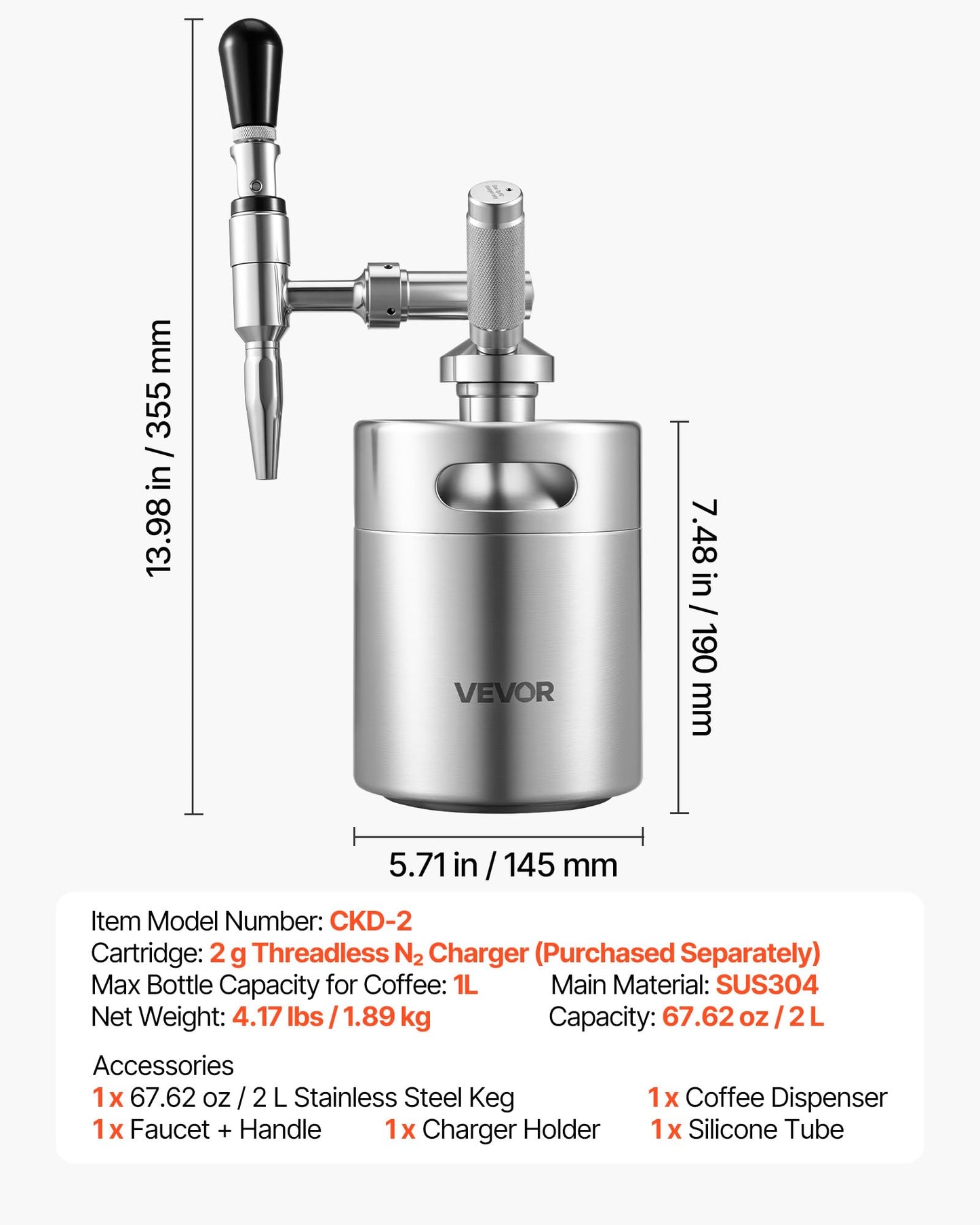 VEVOR Nitro Cold Brew Coffee Maker 68 oz Nitrogen Dispenser System, Home Brew Coffee Keg, Portable