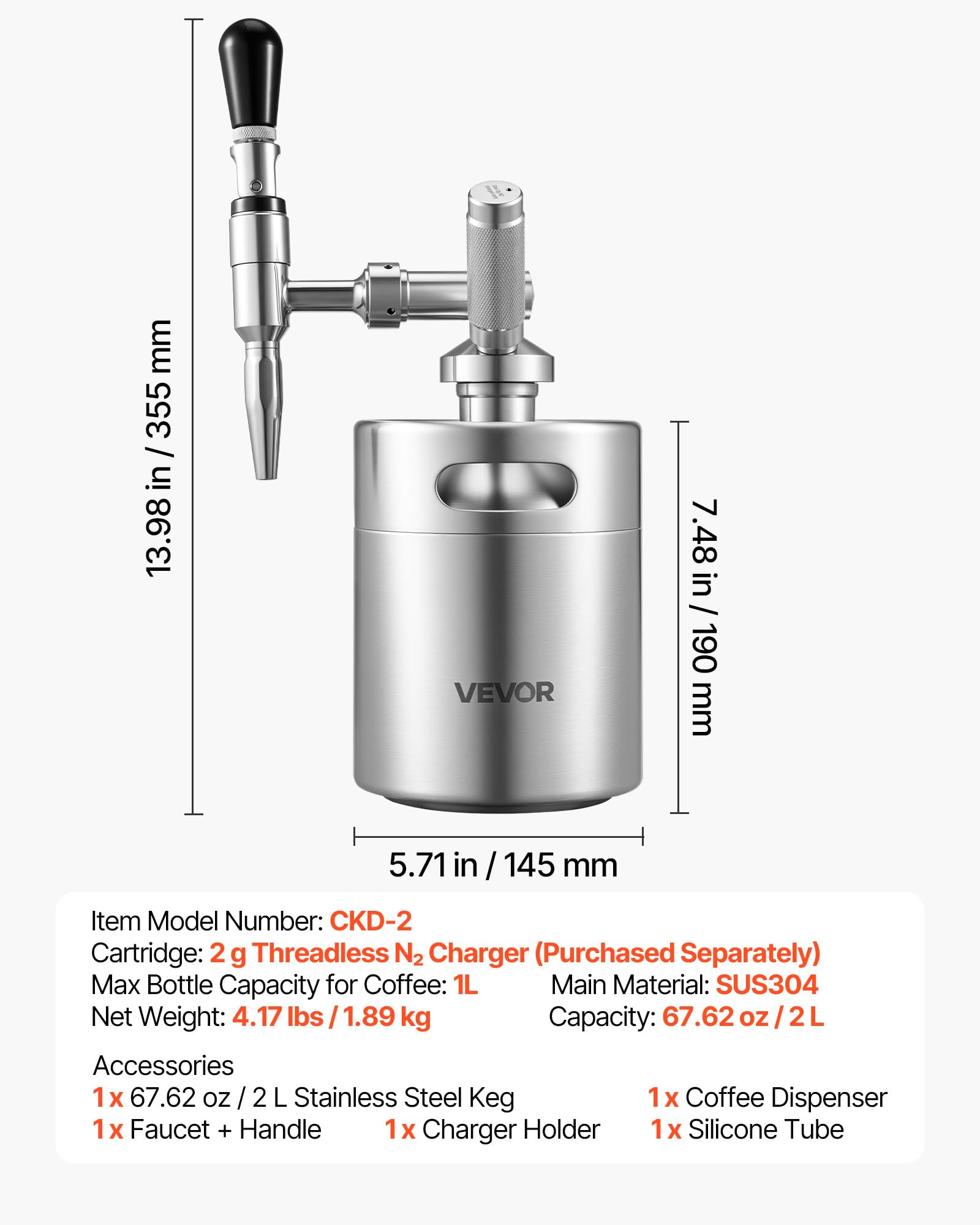 VEVOR Nitro Cold Brew Coffee Maker 68 oz Nitrogen Dispenser System, Home Brew Coffee Keg, Portable