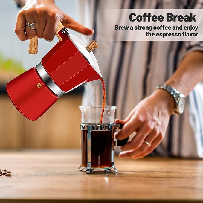 6 Cup Aluminum Moka Pot Classic Stovetop Espresso Coffee Maker 300ml 10oz Coffeemaker Percolator Mocha Pot Greca Coffee Maker Cafe Makers for Italian and Cuban Cafì±?Brewing Red