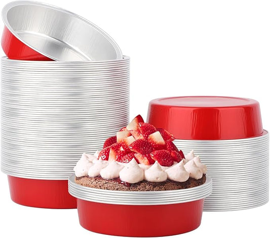 Beasea Disposable Baking Cups, 100 Pack 7.3oz 215ml Aluminum Ramekins Foil Baking Cups 4" Ramekin Cup No Lids Cupcake Aluminum Mini Baking Cups for Party - Bright Red