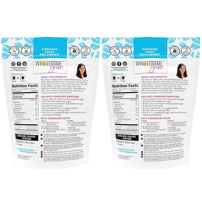 Wholesome Yum Besti Natural Powdered Sugar Substitute - Keto Confectioners Monk Fruit Sweetener Blend With Allulose (No Erythritol) - Non GMO, Zero Carb, Zero Calorie, No Aftertaste (12 oz, 2 Pack)