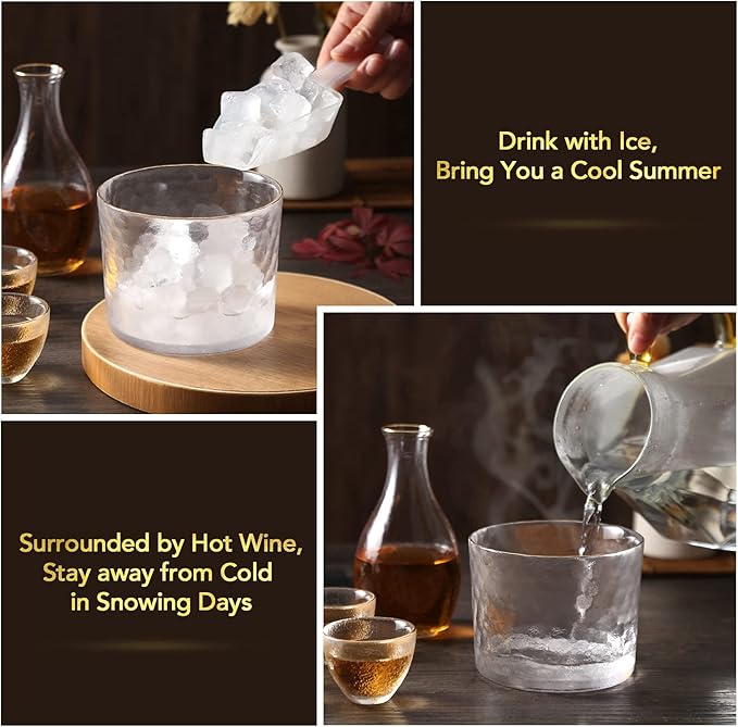 DUJUST Japanese Sake Set for 4, Glass Hammer Pattern in Golden Trim, 1 Crystal Clear Sake Bottle, 1 Sake Tank and 4 Sake Cups, Cold/Warm/Hot Sake Carafe, Special Japanese Gifts Set - 6 pcs
