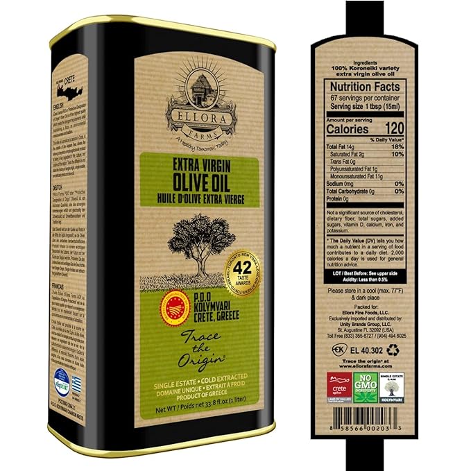 Ellora Farms Olive Oil Extra Virgin, Certified PDO Polyphenol Rich Extra Virgin Olive Oil Cold Pressed & Traceable, Global Gold Awards EVOO, Kosher, Single Origin, Crete, Greece 33.8 Fl oz (1 Ltr)