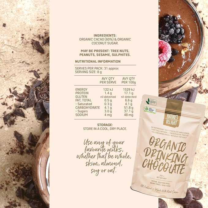 Nature's Delight Organic Drinking Chocolate 250 g, 8.8185 Ounce, 250.0 grams