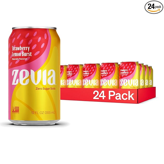 Zevia Zero Sugar Soda, Strawberry Lemon Burst, 12 oz Cans (24-Pack) ??Naturally Sweetened, Zero Calorie Sugar Free Soda - Non-GMO Project Verified, Gluten-Free, Vegan