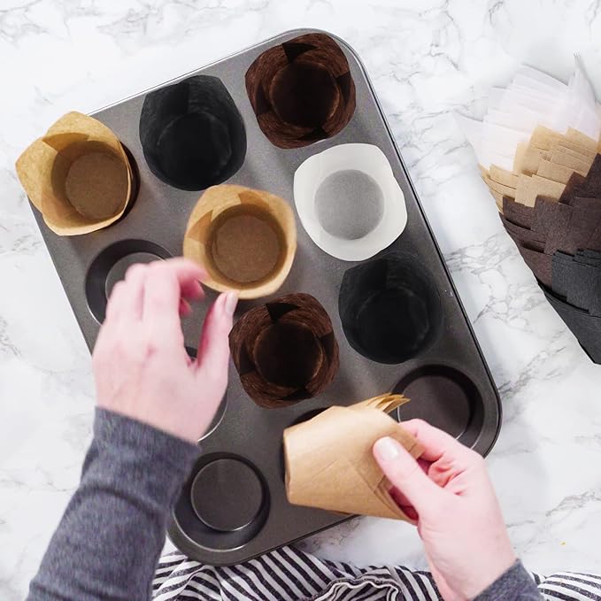 Ruisita 200 Pieces Mini Tulip Cupcake Liners, Tulip Baking Cups, Greaseproof Cupcake Muffin Liners, Muffin Cases Wrappers for Wedding Birthday Party Baby Shower, Brown, White, Natural, Black