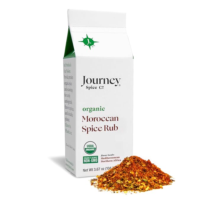 Organic Moroccan Spice Rub by Journey Spice Co. | Salt-Free, Sugar-Free, MSG-Free, Non-GMO | Natural Mediterranean Seasoning Blend | Chicken, Poultry, Fish, Meat, Shawarma, Vegetable Rub | 3.67 oz. | Resealable/Reusable Cap