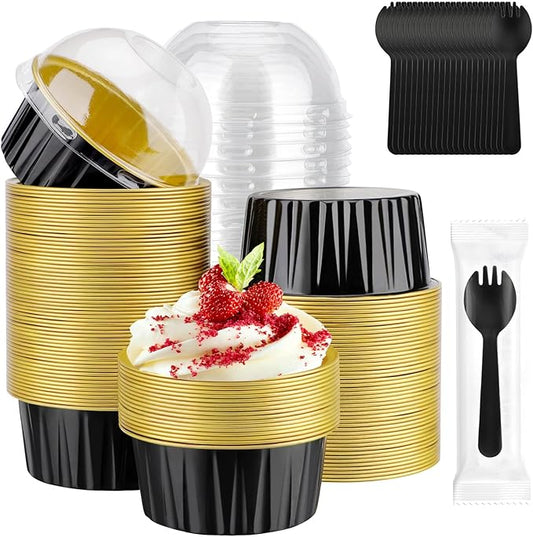 EUSOAR Disposable Ramekins and Individually Wrapped Spoons, 120pcs 5oz Cupcake Liners and Plastic Sporks, Aluminum Foil Baking Cups Mini Cake Pans Ramekins with Lids for Party Wedding Birthday Picnic