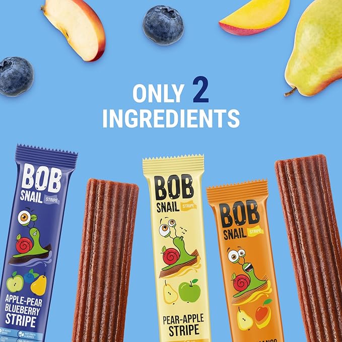BOB SNAIL Healthy Organic Fruit Snacks for Kids and Adults ??30 Organic Fruit Leather Snacks with Pear & Apple, Blueberry, Mango ??Vegan Low-Carb Variety Pack Strips for Kids ??Sugar Free Jerky Bars