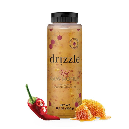 Drizzle Hot Honey - All Natural Raw Spicy Honey Sauce, Infused with Organic Chilies, Unfiltered & Unheated, Versatile Use for Cooking, Certified Kosher, Gluten Free - 11.6 oz (330 g)