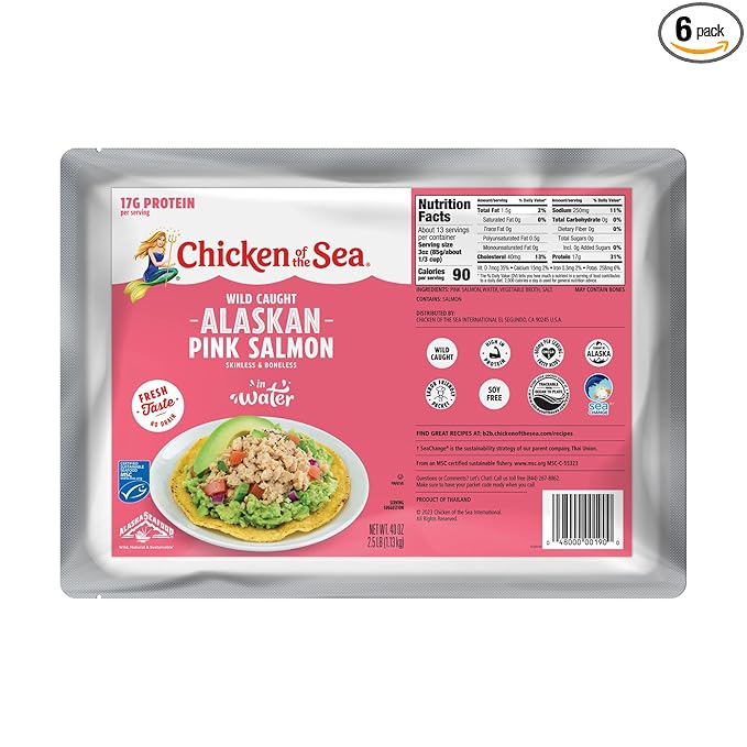Chicken of the Sea Pink Salmon in Spring Water, Wild Caught, Skinless & Boneless, Foodservice Size, 40 oz. Packet (Box of 6)