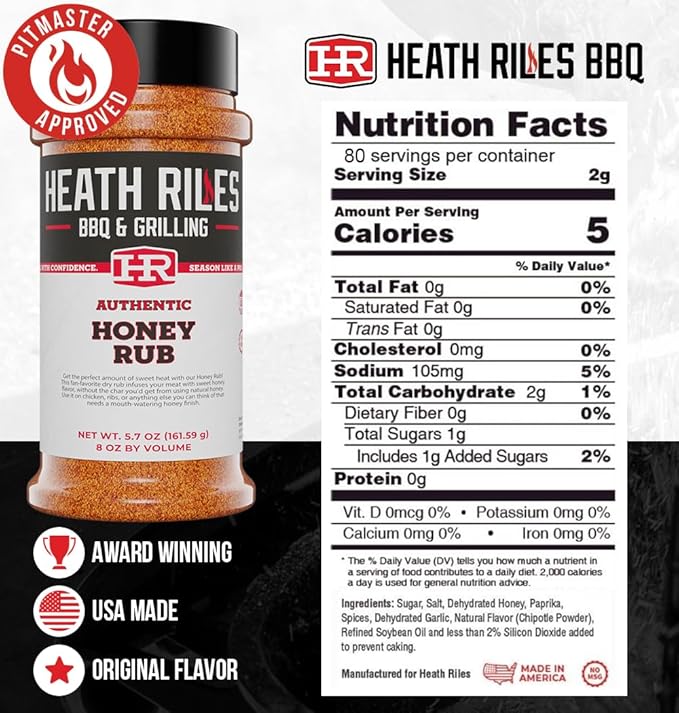 Heath Riles BBQ Rub - Honey Seasoning, Champion Pitmaster Recipe, Legendary BBQ Rubs For Smoking & Grilling, 70+ BBQ Championships, 8 oz.