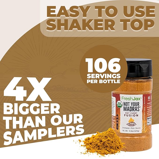 FreshJax Not Your Madras Hot Curry Fusion (4.4 oz Bottle) | Non-GMO, Gluten-Free, Keto, Paleo, No Preservatives | Spicy Red Curry Seasoning for Cooking | Handcrafted in Jacksonville