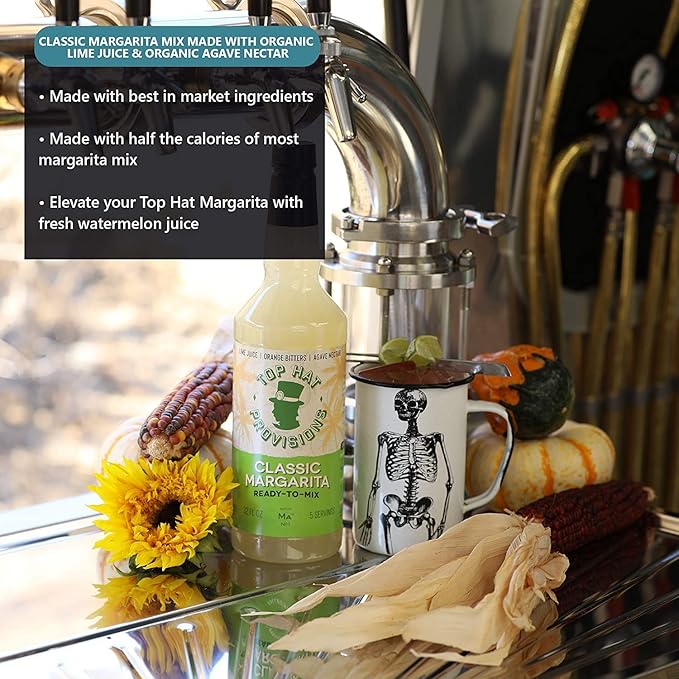 Top Hat Classic Agave Lime Margarita Mix - Handcrafted with Agave Nectar & Natural Lime Juice - Lower in Sugar and Carbs - Cocktail Mix - Margarita Mixer - 32oz Bottle