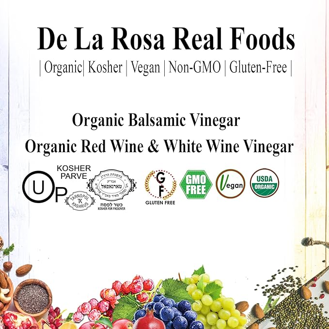 De La Rosa Organic White Wine, Red Wine & Balsamic Vinegar, Vegan, Kosher, Non-GMO & Gluten Free, Great for Salad Dressing, Marinades & More 16.9 Oz (Pack of 3)
