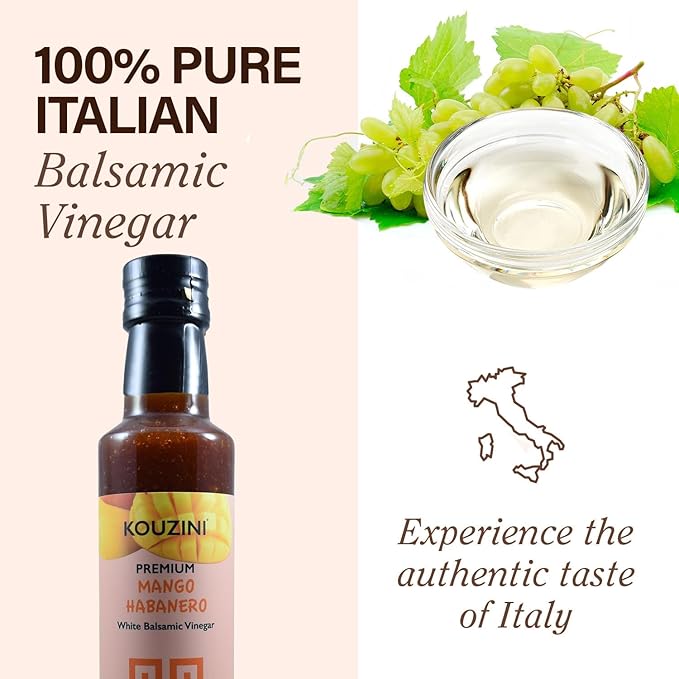 Kouzini Ultra Premium Mango Habanero White Balsamic Vinegar, Aged Balsamic Vinegars from Modena, Italy, Premium, Smooth & Full-Bodied Flavor, 250ml Bottle