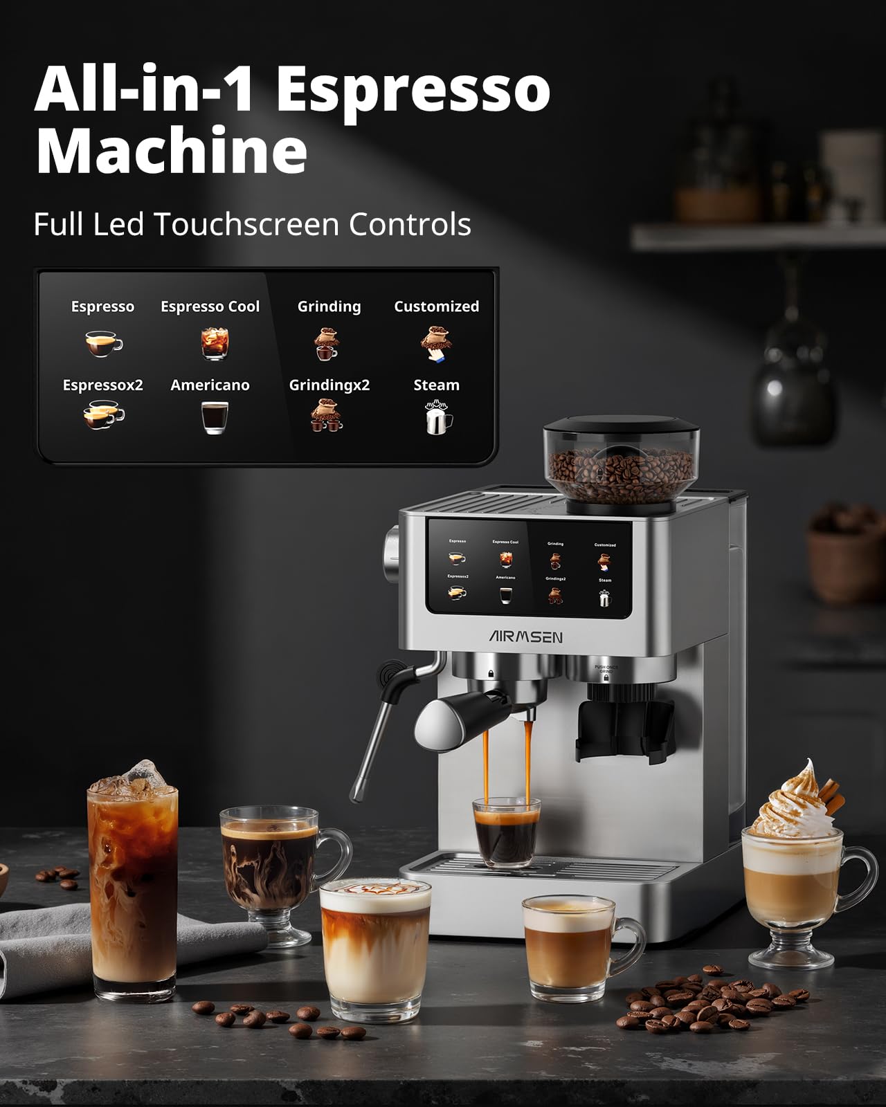 AIRMSEN Espresso Machines with Burr Grinder, 20 Bar, Milk Frother Steam Wand, Stainless Steel