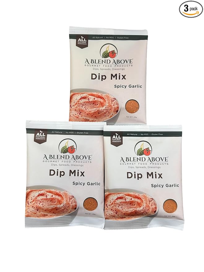 A Blend Above Spicy Garlic Dip Mix for Gourmet Appetizers for Parties, 1 oz Packet (3 Pack), Spicy Dip, Gluten-Free, No MSG, All Natural, No Preservatives, Vegetable Dip, Keto Friendly, Low Carb, Easy to Make
