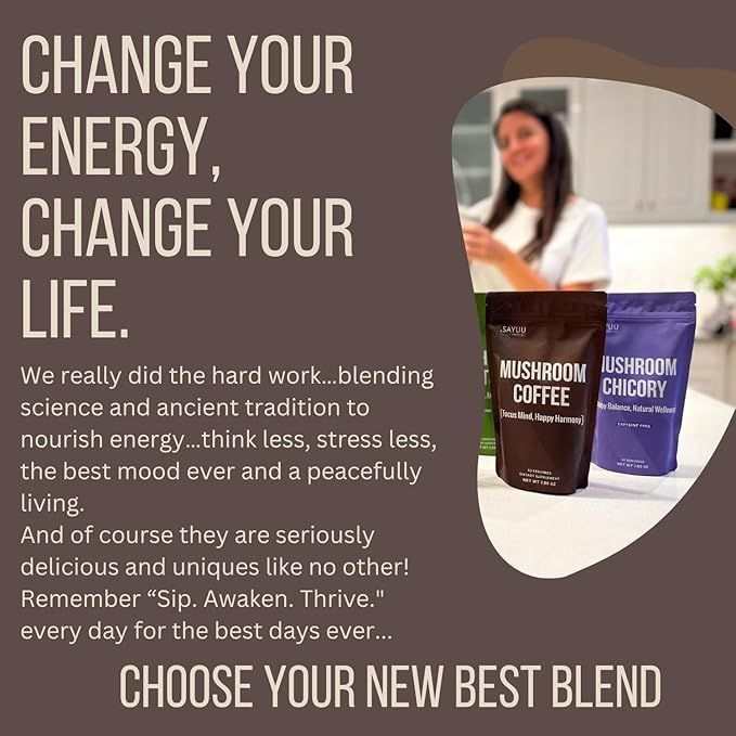 SAYUU Mushroom Chicory Blend ??Caffeine-Free Coffee Alternative with Lion's Mane, Reishi, Turkey Tail ??Supports Digestion, Focus & Immunity ??Vegan & Eco-Friendly, 30 Servings