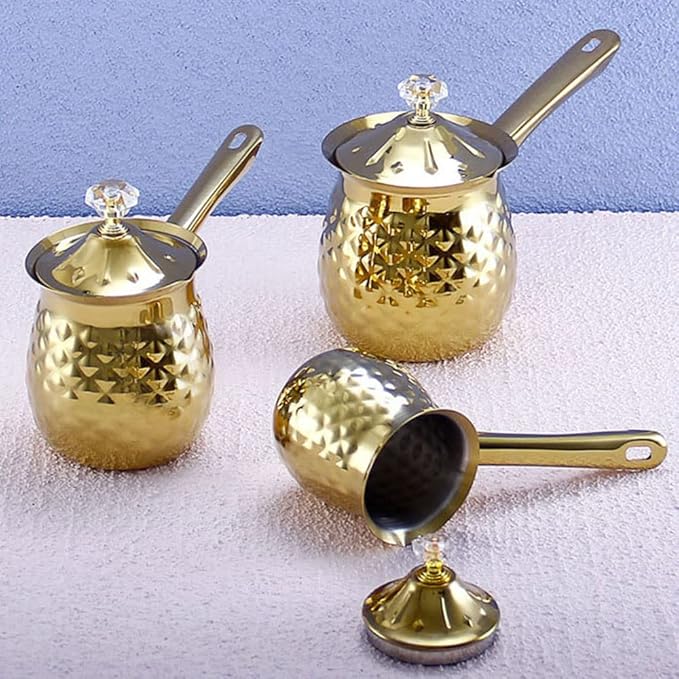 Turkish Coffee Pot Stainless Steel Espresso Decanter Chocolate Butter Milk Warmer Pot Greek Arabic Coffee Pot Coffee Maker with Handle & Lid, Gold, 400ml / 13.5oz