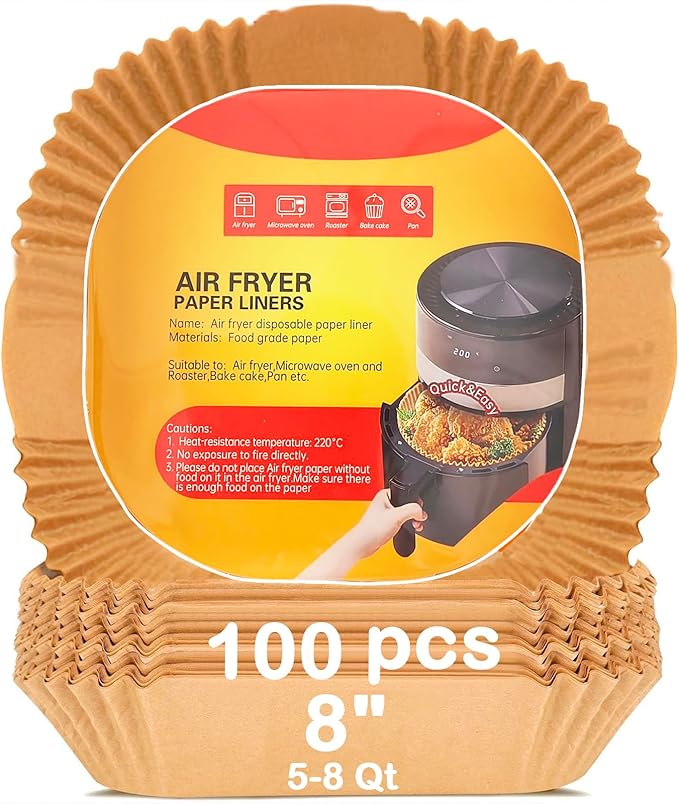 8'' Air Fryer Liners Disposable 100pcs - Non Stick Grease Proof Parchment Paper, Fits 5-8 Quart Baskets & Oven Baking