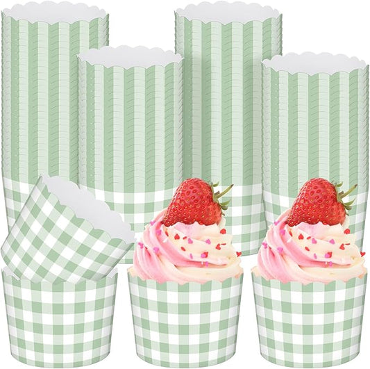 Vesici 150 Pcs Sage Green Gingham Ice Cream Cups 5oz Dessert Paper Bowls Gingham Scalloped Cupcake Cups Disposable Dessert Bowls for Food Sundae Frozen Yogurt Soup Party Supplies