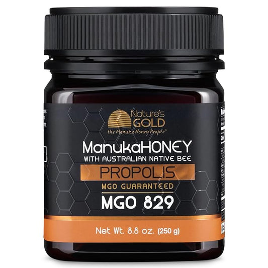 Nature’s Gold Raw Manuka Honey with Australian Native Bee Propolis, MGO 829+ | 8.8oz (250g), 100% Pure Genuine Traceable Hive to Home