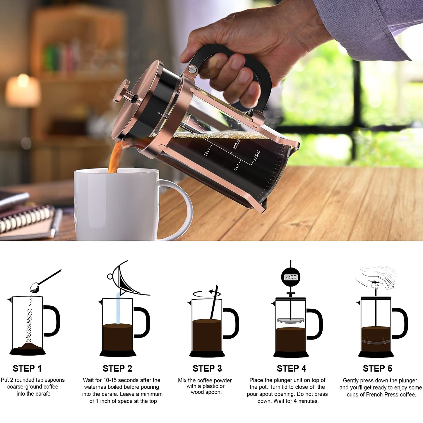 QUQIYSO French Press Coffee Maker 21oz,Borosilicate Glass Coffee Press