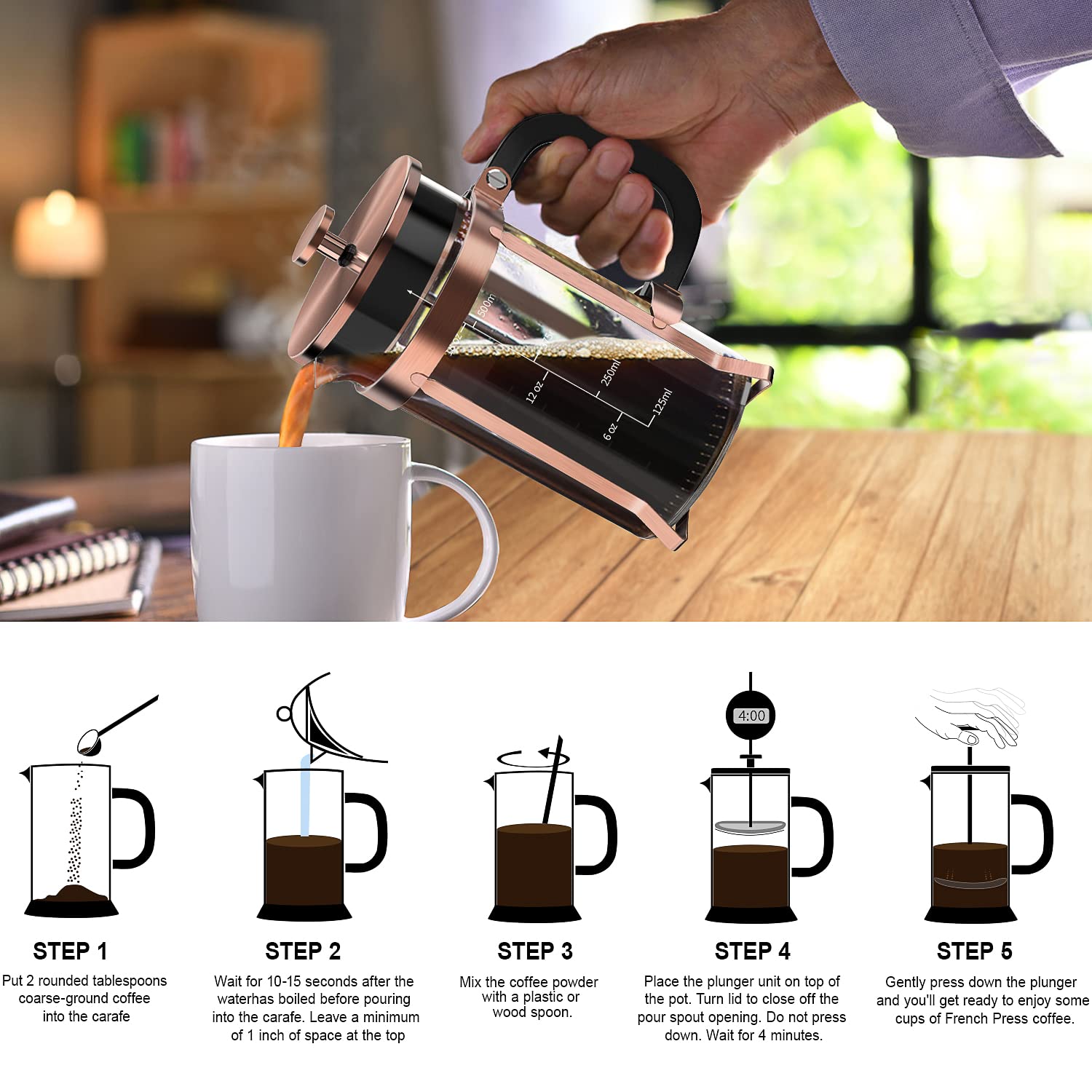 QUQIYSO French Press Coffee Maker 21oz,Borosilicate Glass Coffee Press