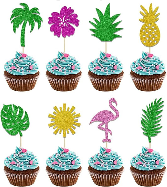 40PCS Tropical Cupcake Toppers Glitter Leaf Pineapple Flower Palm Tree Flamingo Cupcake Picks Aloha Cake Decorations for Summer Hawaiian Aloha Baby Shower Birthday Wedding Party Cake Supplies