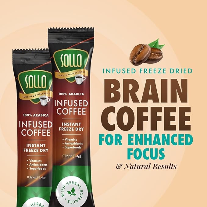 Sollo Brain Power Instant Coffee Sticks (24 Servings) Cinnamon Notes - Dark Roast, Enhanced Brain Function & Immune Support, Focus, Bold & Smooth Taste, 100% Arabica Freeze Dry.