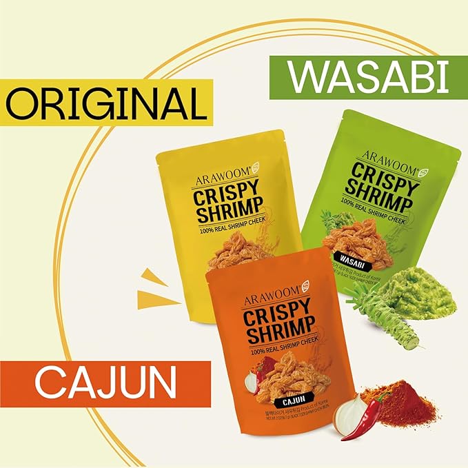 ARAWOOM - 100% Real Black Tiger Shrimp Head Crisps, Variety Pack [2oz, Pack of 3], Crispy Seafood Snack, High-Protein Crunch, Crunchy On-the-Go Treat [Original, Wasabi, Cajun]