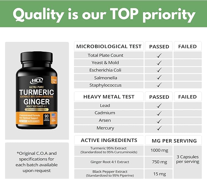 Turmeric Curcumin with Ginger ??1750mg High-Potency Formula with 95% Standardized Curcuminoids and Ginger Extract ??Black Pepper for Enhanced Absorption ??60 Vegan Capsules