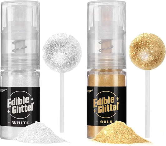 Sujoygar Edible Glitter Spray 2 Colors, White and Gold Edible Glitter for Cocktails, Shimmer Powder Luster Dust Edible for Cake Drink Strawberrie Cupcake Cookies Wedding Baking Decoretion, Vegan(5g/Bottle)