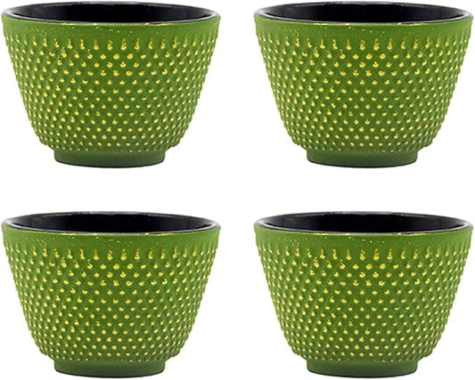 Japanese Cast Iron Tea Cups, Small and Heavy Teacups with no Handles, Japanese Style Cup for Adults, Asian Teacups, Coated with Enameled Interior, 4 Pcs/Box (Green, 2oz/60ml)