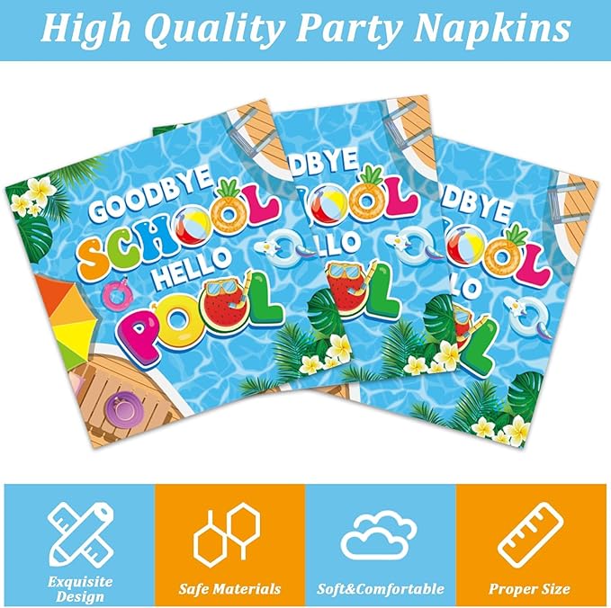 96Pcs Goodbye School Hello Pool Plates and Napkins End of School Year Party Decorations School's Out Pool Dessert Disposable Plates Summer Tableware Set for Graduation Preschool Party Supplies