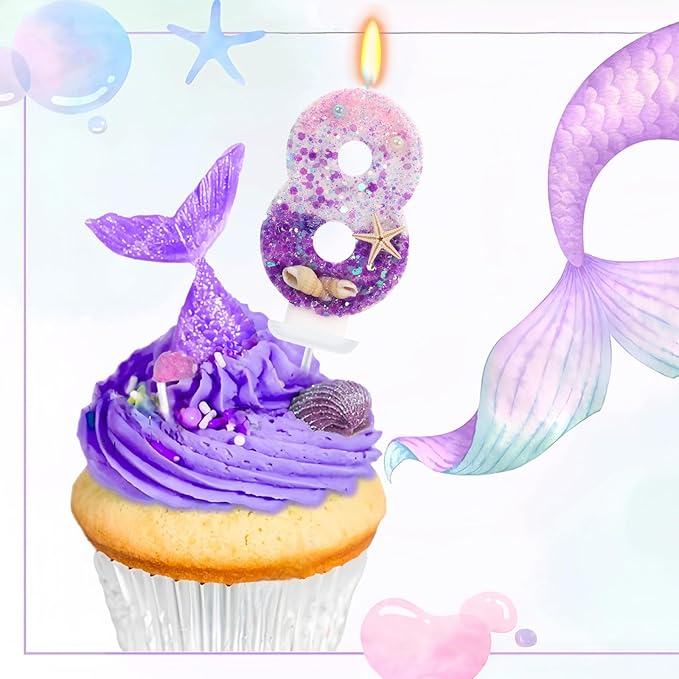 Purple Mermaid Party Number 8 Cake Candles, 2.76 inch Birthday Candle, Cake Topper Decoration for Birthday Party (Number 8)