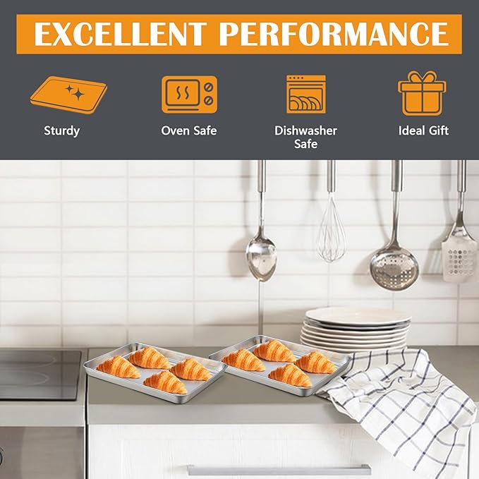 2Pcs Baking Sheet Pan Set, Joyfair Stainless Steel Cookie Sheets, Commercial Metal Pans Toaster Oven Tray Bakeware for Jelly Roll/Bread/Bacon, Heavy Gauge, Rust-free & Dishwasher Safe (9 Inch)