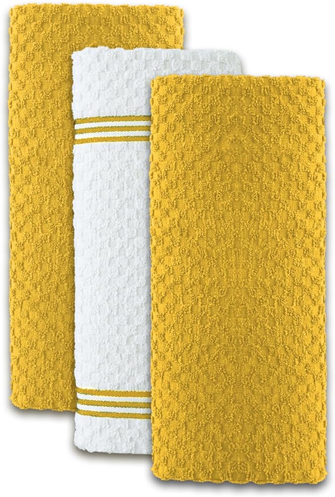 Infinitee Xclusives Premium Kitchen Towels ??Pack of 3, 100% Cotton |15 x 25| Inches Absorbent Dish Towels - Terry Kitchen Dishcloth Towels - Yellow Dish Cloth for Household Cleaning