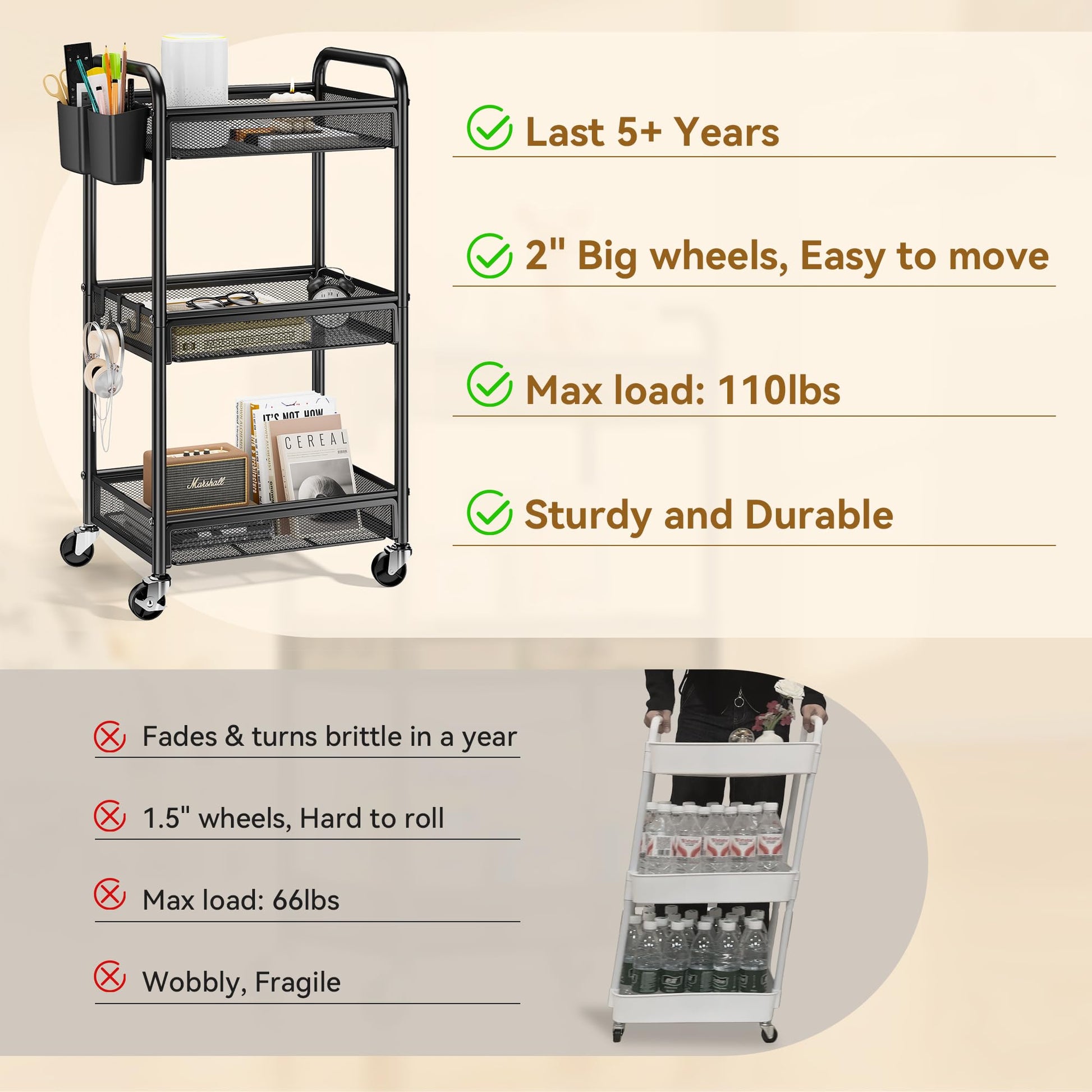 YASONIC 3 Tier Metal Rolling Cart, Black Utility Storage Cart with Wheels