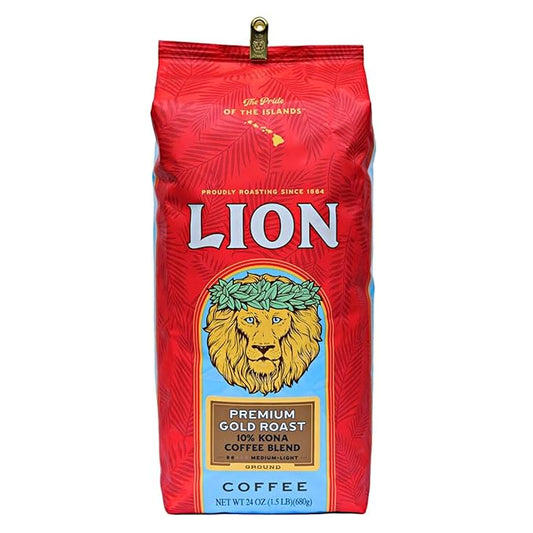 Lion Coffee Premium Gold Roast, 10% Kona Coffee Blend, Medium-Light Roast, A Taste of Aloha - Ground, 24 Ounce Bag