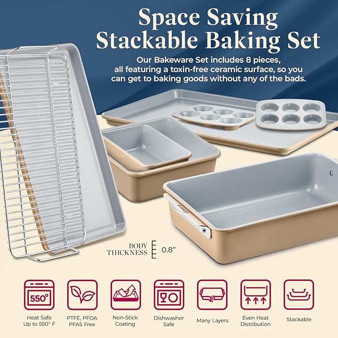 Bakken 8-Piece Stackable Bakeware Set - Ceramic Non-Stick Coating, Baking Sheets, Assorted Baking Pans, PTFE, PFOA & PFOS Free - Healthy Baking, Ergonomic Handles, Cooling Rack, Non-Toxic, Oven-Safe