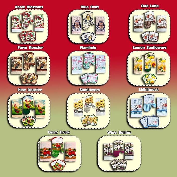 Lobyn Value Packs: 5 Piece Kitchen Towel Set with Vintage Red Truck Design, 2 Decorative Dish Towels, 1 Oven Mitt & 2 Potholders for Countryside Elegance
