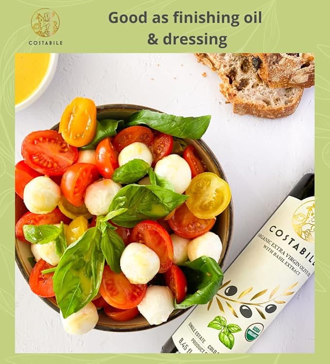 Basil Olive Oil Organic from Puglia, Italy. Basil Infused Extra Virgin Olive Oil from a single source. Perfect for Salad Dressing - COSTABILE 8.45 Fl. Oz.