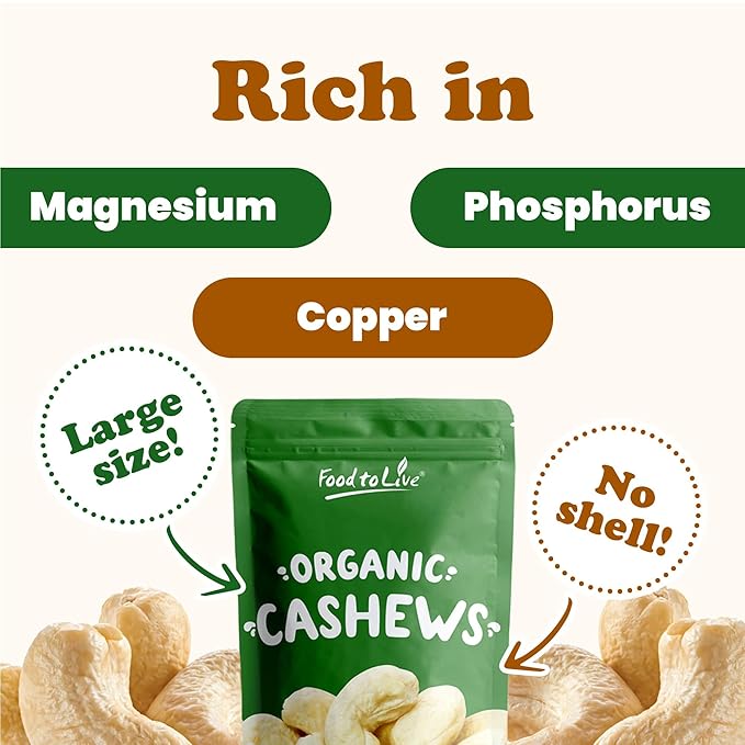 Food to Live Organic Cashews, 8 Ounces ??Whole, Size W-240, Unsalted, Non-GMO, Kosher, Raw, Vegan, Bulk