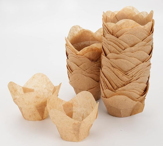 GOLDEN APPLE, 100 Pcs Tulip Cupcake Liner Lotus Parchment Baking Cup Muffin Tins Cups for Weddings, Birthdays, Baby Showers, Natural)