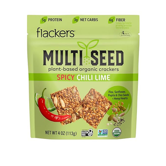 Flackers Organic Spicy Chili Lime Multi-Seed Crackers, 4 Ounce 1-Pack, Gluten Free, Non GMO, Vegan, Keto Snack, 8g Fiber, 3g Net Carbs